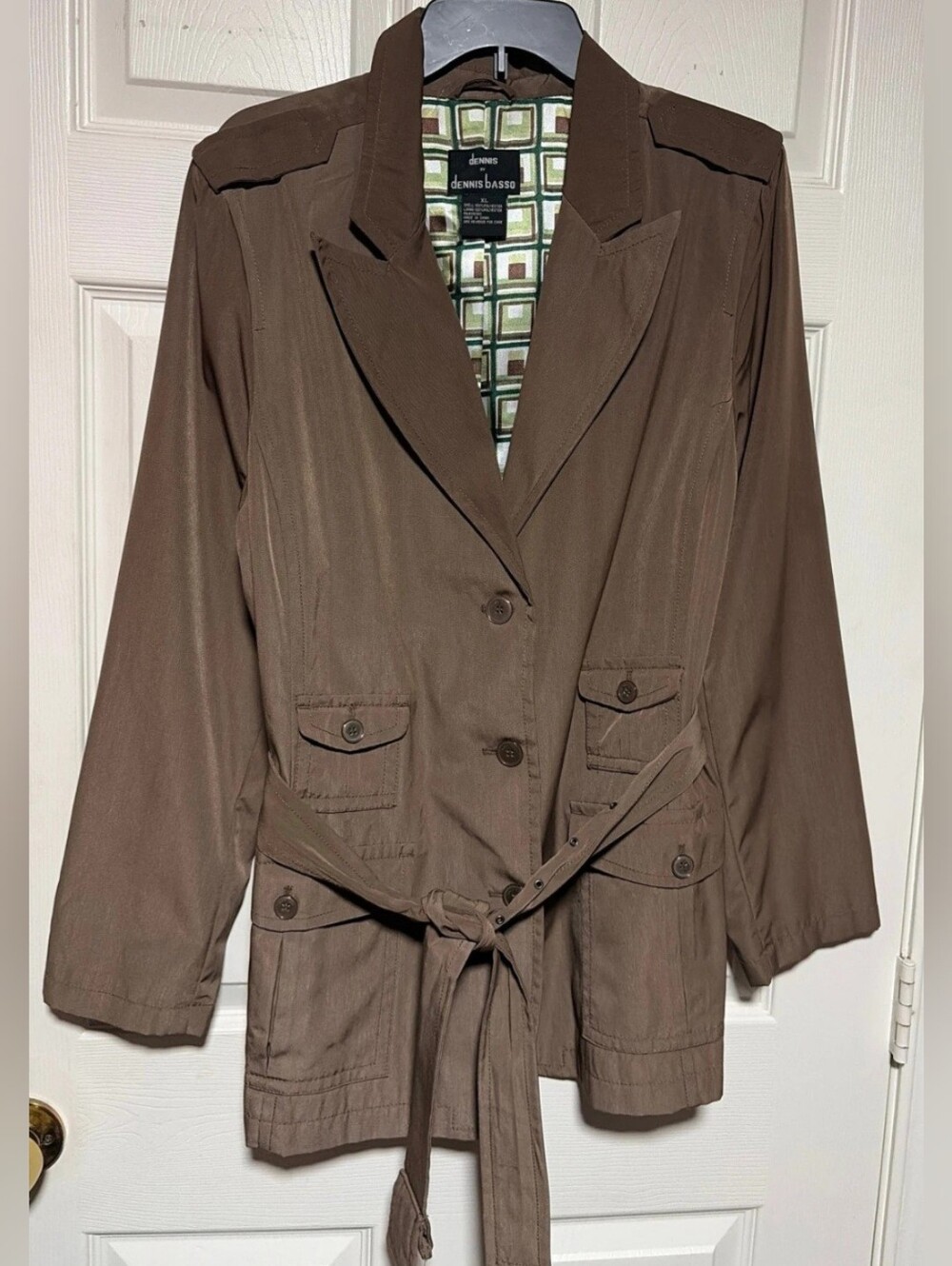 dennis basso Brown Utility Belted Water Resistant Trench Style Jacket Size XL